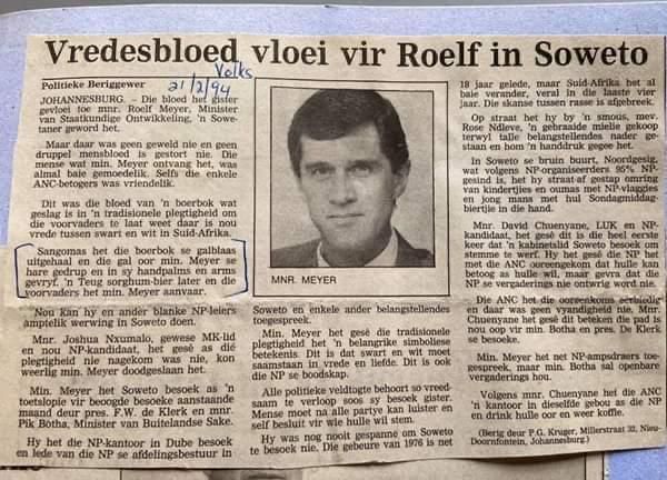 SICKENING: 30 Years Ago Today – Roelf Meyer Sold Out His Christian Nation? National Party Leader Anointed with Goat Bile by Sangoma in Soweto, Turning His Back on God